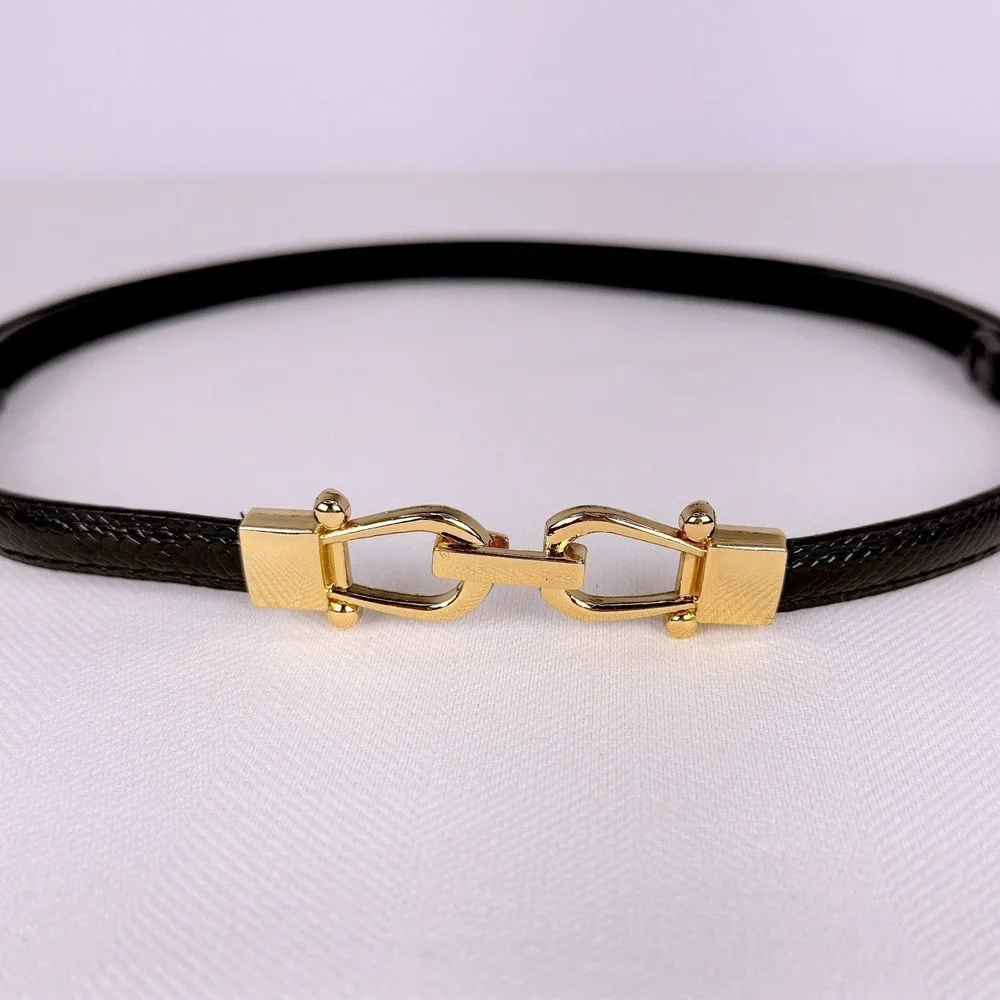 Luxe Black Skinny Leather Belt Horse bit Gold Hardware Lizard Embossed Snakeskin